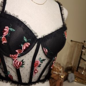 Womens Petite SHEIN Black Floral Embroidered Bustier